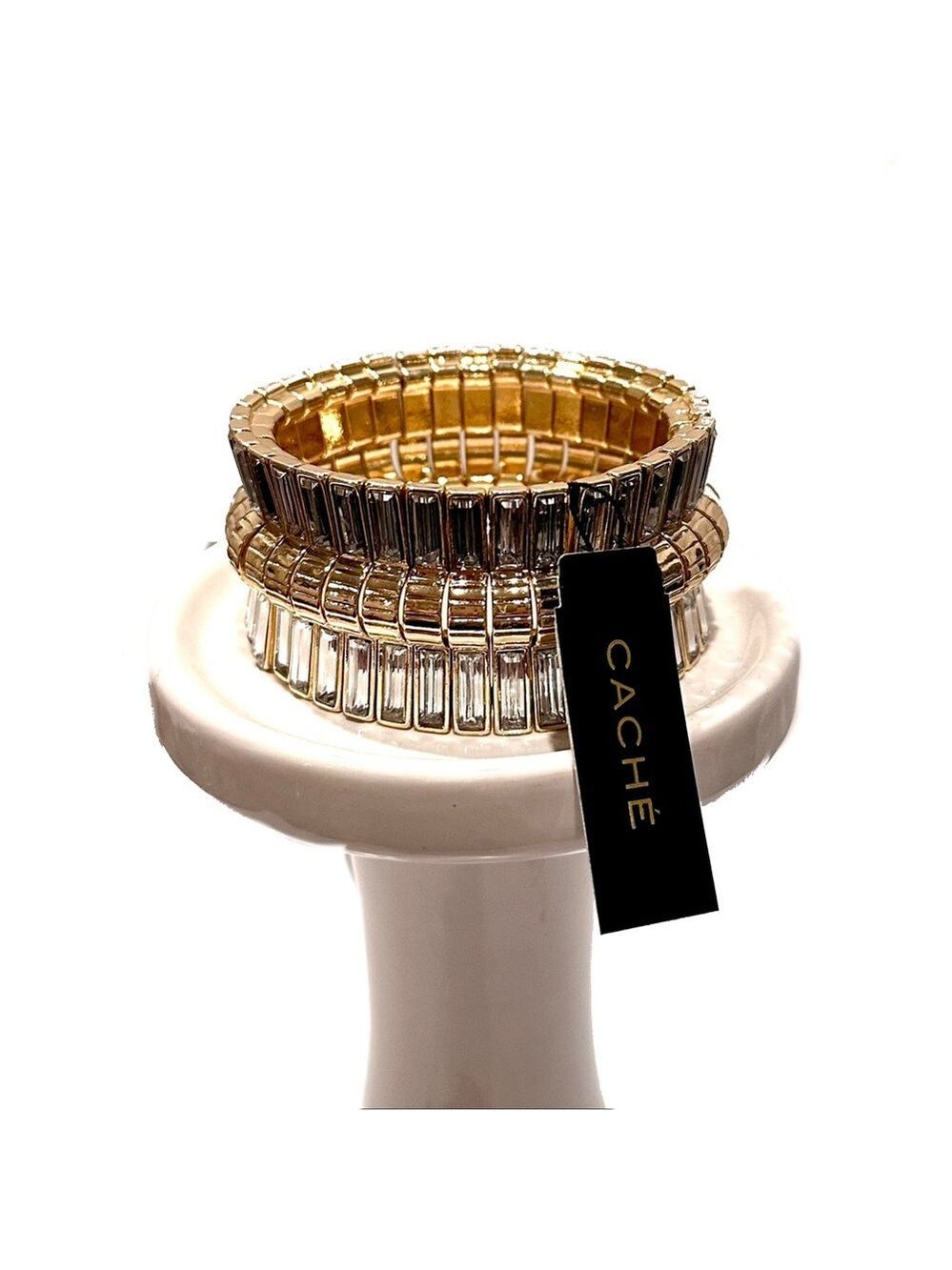 CACHE Golden Baguette Crystal Elastic Statement Bracelet NWT